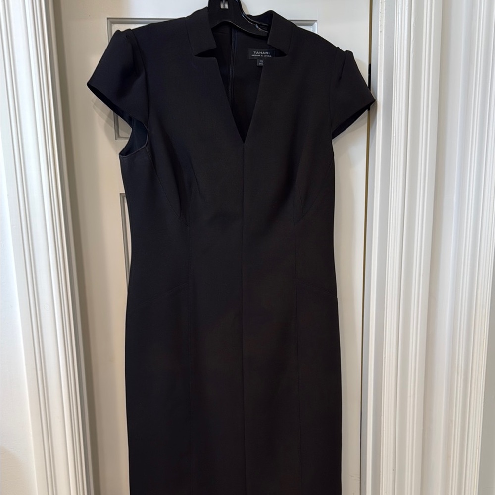 Tahari Black Sheath Dress with V-neck and Cap Sleeves